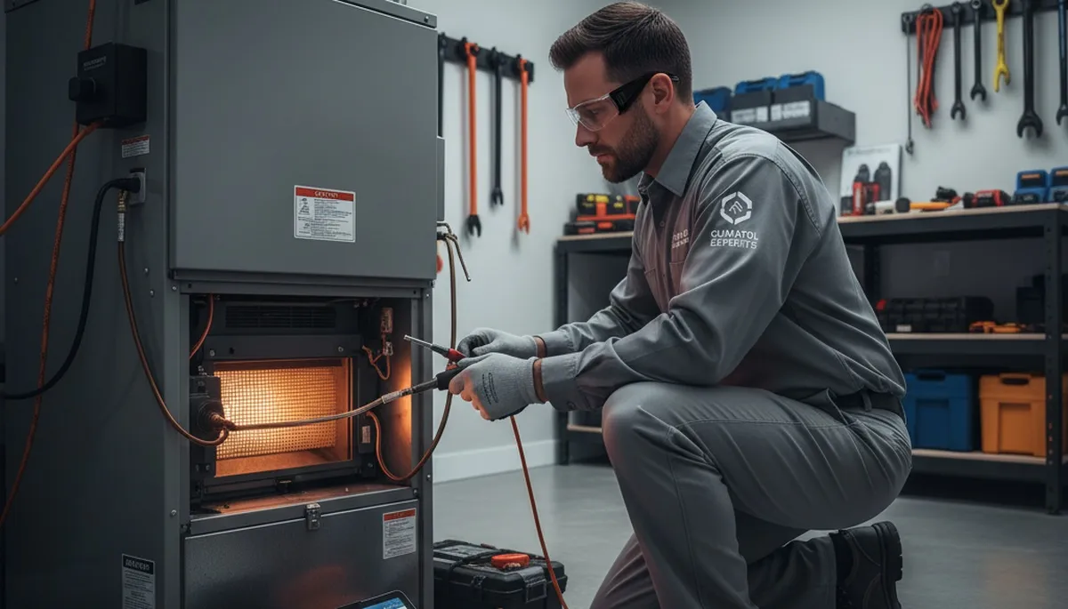Technician performing furnace heating repair in Charlotte NC home by Five Star Cooling
