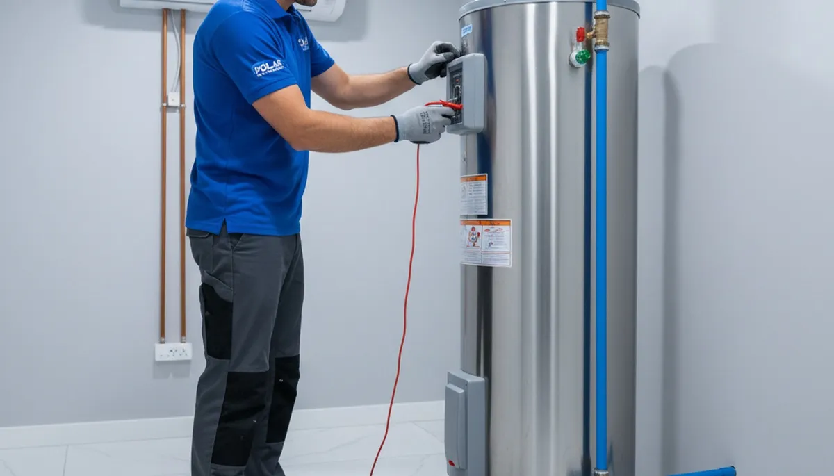 Technician repairing residential water heater in Charlotte NC home for Five Star Cooling service